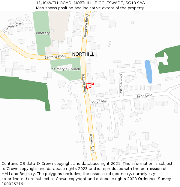 11, ICKWELL ROAD, NORTHILL, BIGGLESWADE, SG18 9AA: Location map and indicative extent of plot