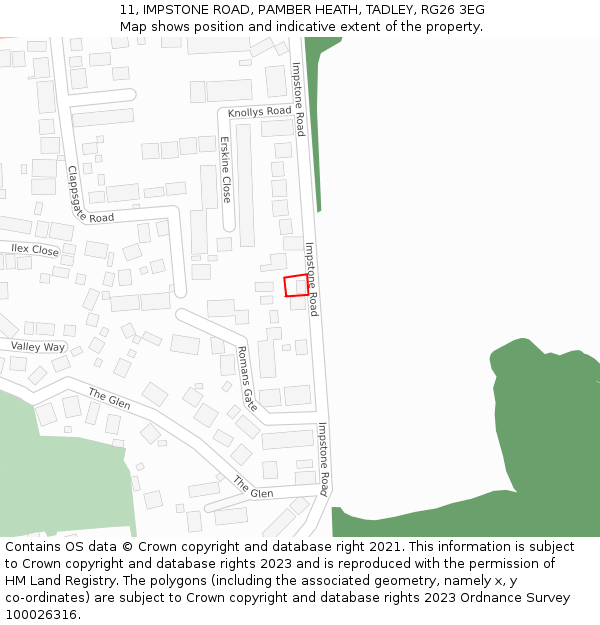 11, IMPSTONE ROAD, PAMBER HEATH, TADLEY, RG26 3EG: Location map and indicative extent of plot