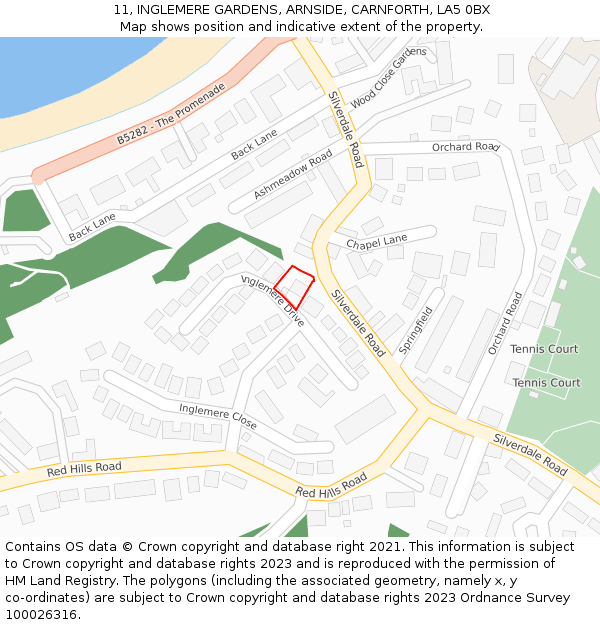 11, INGLEMERE GARDENS, ARNSIDE, CARNFORTH, LA5 0BX: Location map and indicative extent of plot