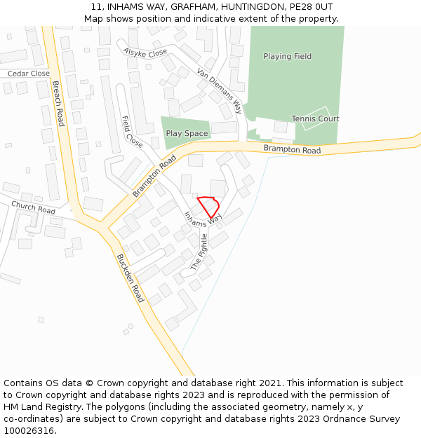 11, INHAMS WAY, GRAFHAM, HUNTINGDON, PE28 0UT: Location map and indicative extent of plot