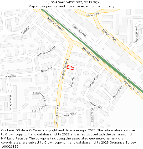 11, IONA WAY, WICKFORD, SS12 9QX: Location map and indicative extent of plot