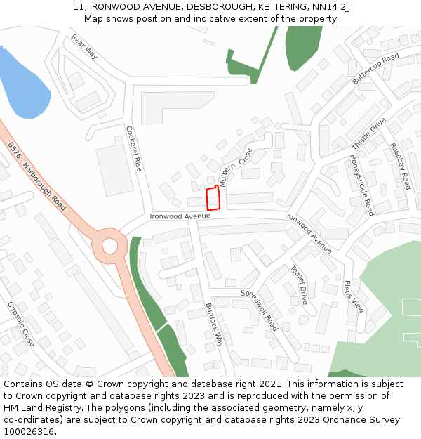 11, IRONWOOD AVENUE, DESBOROUGH, KETTERING, NN14 2JJ: Location map and indicative extent of plot