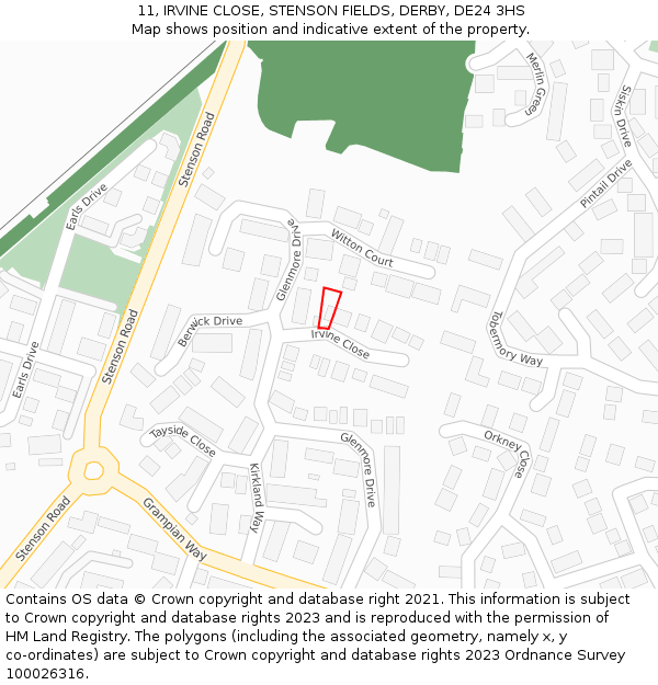 11, IRVINE CLOSE, STENSON FIELDS, DERBY, DE24 3HS: Location map and indicative extent of plot