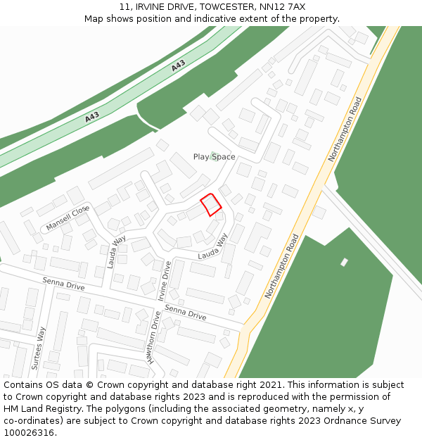 11, IRVINE DRIVE, TOWCESTER, NN12 7AX: Location map and indicative extent of plot