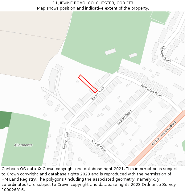 11, IRVINE ROAD, COLCHESTER, CO3 3TR: Location map and indicative extent of plot