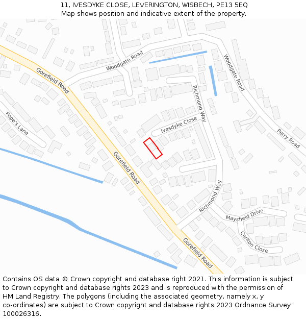 11, IVESDYKE CLOSE, LEVERINGTON, WISBECH, PE13 5EQ: Location map and indicative extent of plot