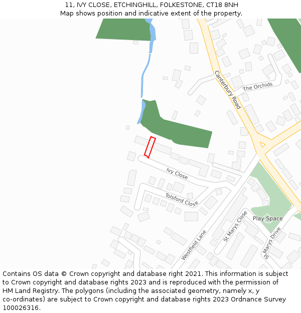 11, IVY CLOSE, ETCHINGHILL, FOLKESTONE, CT18 8NH: Location map and indicative extent of plot