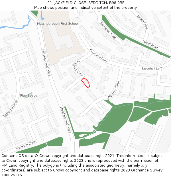 11, JACKFIELD CLOSE, REDDITCH, B98 0BF: Location map and indicative extent of plot