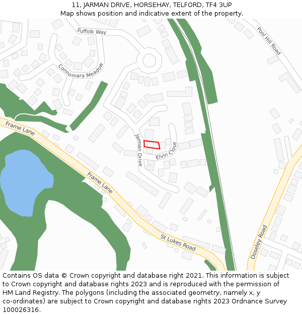 11, JARMAN DRIVE, HORSEHAY, TELFORD, TF4 3UP: Location map and indicative extent of plot