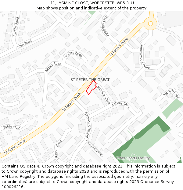 11, JASMINE CLOSE, WORCESTER, WR5 3LU: Location map and indicative extent of plot