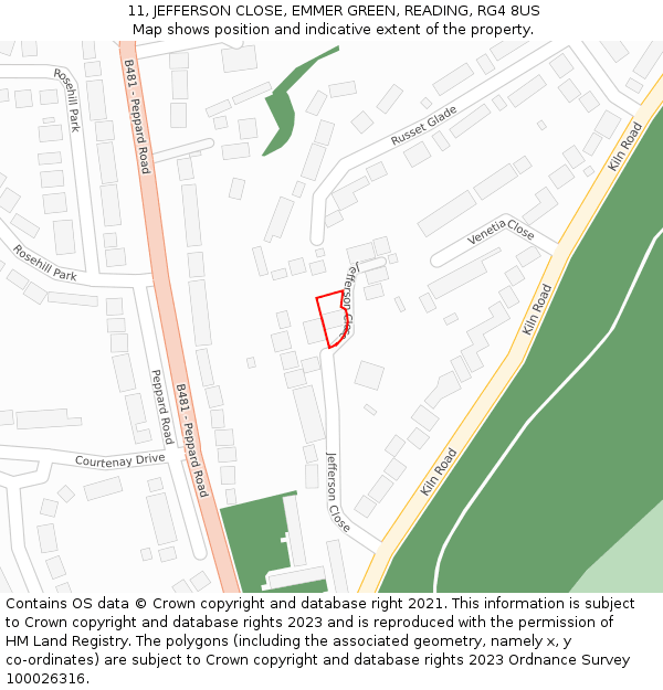 11, JEFFERSON CLOSE, EMMER GREEN, READING, RG4 8US: Location map and indicative extent of plot