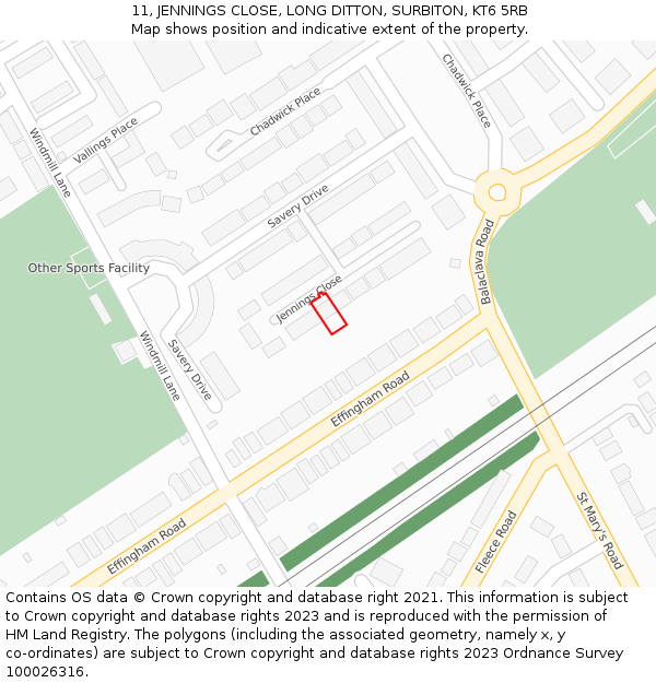 11, JENNINGS CLOSE, LONG DITTON, SURBITON, KT6 5RB: Location map and indicative extent of plot