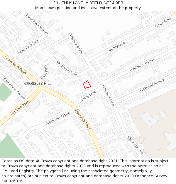 11, JENNY LANE, MIRFIELD, WF14 0BB: Location map and indicative extent of plot