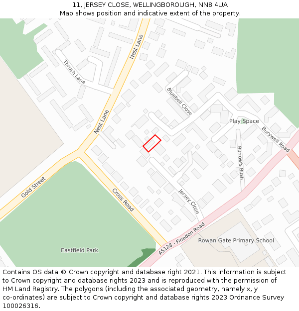 11, JERSEY CLOSE, WELLINGBOROUGH, NN8 4UA: Location map and indicative extent of plot