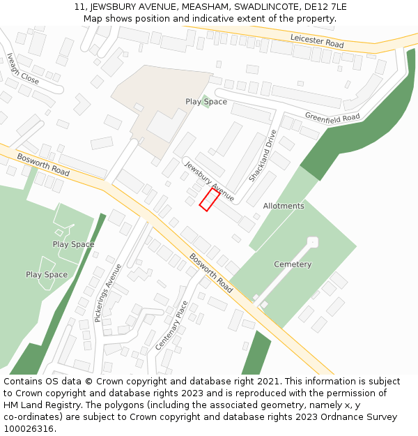 11, JEWSBURY AVENUE, MEASHAM, SWADLINCOTE, DE12 7LE: Location map and indicative extent of plot