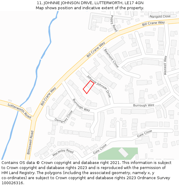 11, JOHNNIE JOHNSON DRIVE, LUTTERWORTH, LE17 4GN: Location map and indicative extent of plot
