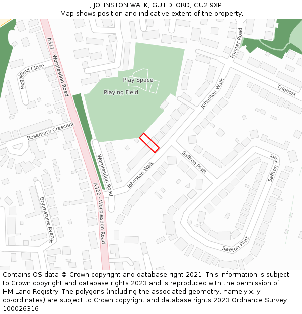 11, JOHNSTON WALK, GUILDFORD, GU2 9XP: Location map and indicative extent of plot