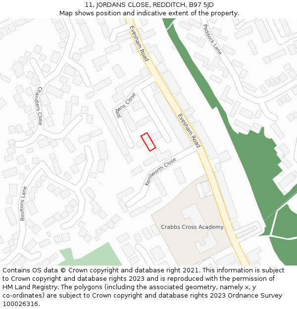 11, JORDANS CLOSE, REDDITCH, B97 5JD: Location map and indicative extent of plot