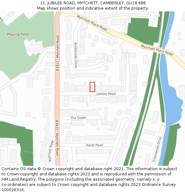 11, JUBILEE ROAD, MYTCHETT, CAMBERLEY, GU16 6BE: Location map and indicative extent of plot