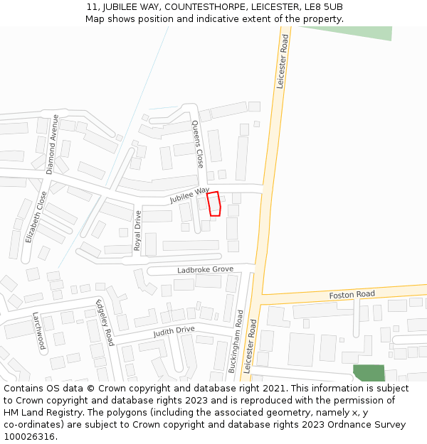 11, JUBILEE WAY, COUNTESTHORPE, LEICESTER, LE8 5UB: Location map and indicative extent of plot