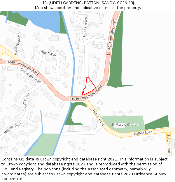 11, JUDITH GARDENS, POTTON, SANDY, SG19 2RJ: Location map and indicative extent of plot