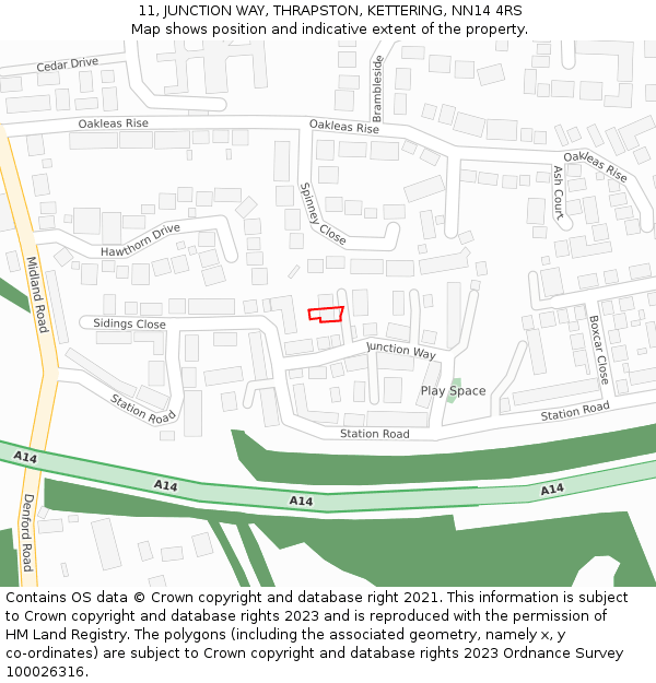 11, JUNCTION WAY, THRAPSTON, KETTERING, NN14 4RS: Location map and indicative extent of plot