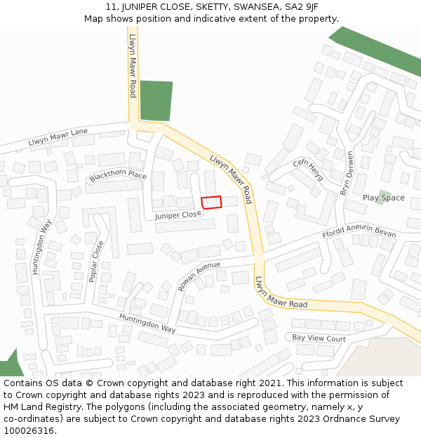 11, JUNIPER CLOSE, SKETTY, SWANSEA, SA2 9JF: Location map and indicative extent of plot