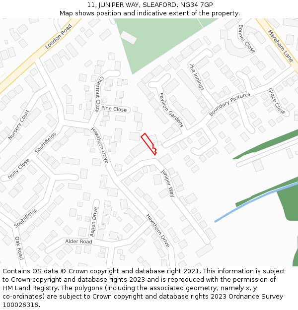11, JUNIPER WAY, SLEAFORD, NG34 7GP: Location map and indicative extent of plot