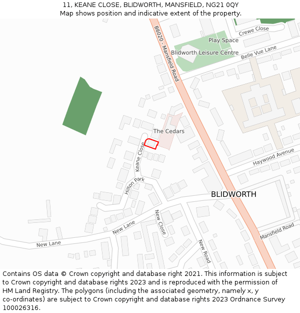 11, KEANE CLOSE, BLIDWORTH, MANSFIELD, NG21 0QY: Location map and indicative extent of plot