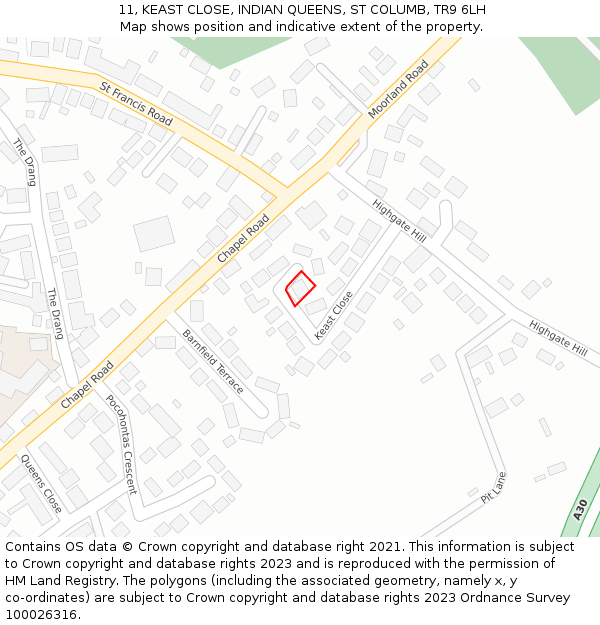 11, KEAST CLOSE, INDIAN QUEENS, ST COLUMB, TR9 6LH: Location map and indicative extent of plot