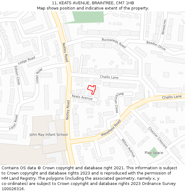 11, KEATS AVENUE, BRAINTREE, CM7 1HB: Location map and indicative extent of plot