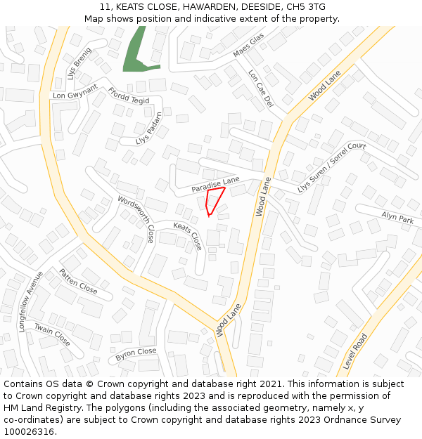 11, KEATS CLOSE, HAWARDEN, DEESIDE, CH5 3TG: Location map and indicative extent of plot