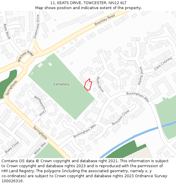 11, KEATS DRIVE, TOWCESTER, NN12 6LT: Location map and indicative extent of plot