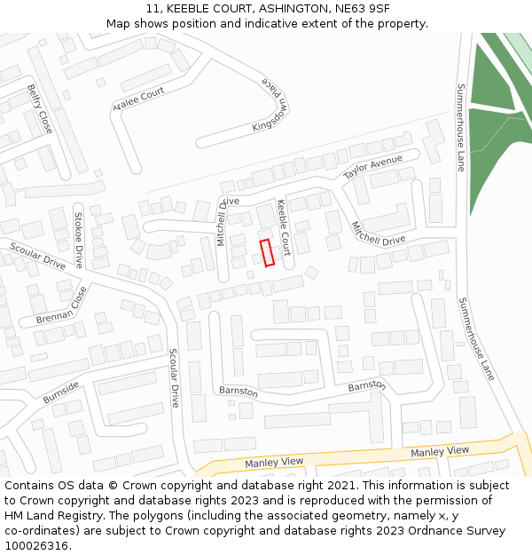 11, KEEBLE COURT, ASHINGTON, NE63 9SF: Location map and indicative extent of plot