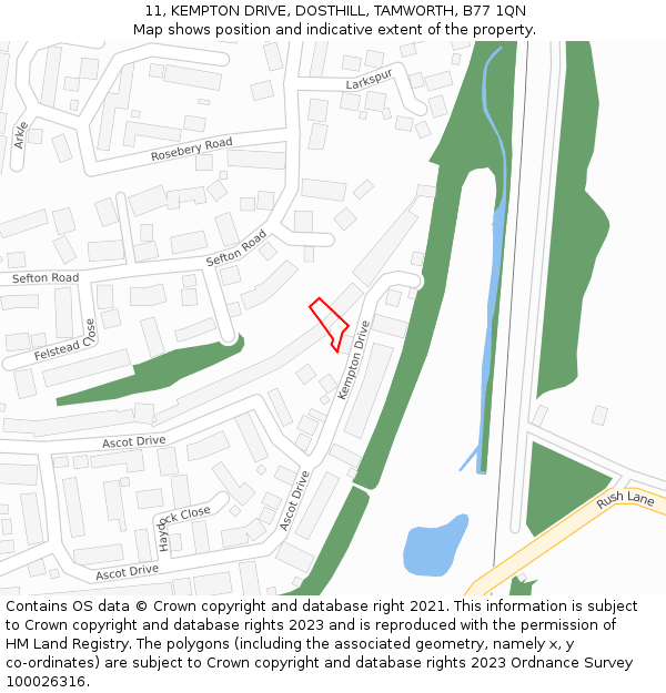 11, KEMPTON DRIVE, DOSTHILL, TAMWORTH, B77 1QN: Location map and indicative extent of plot