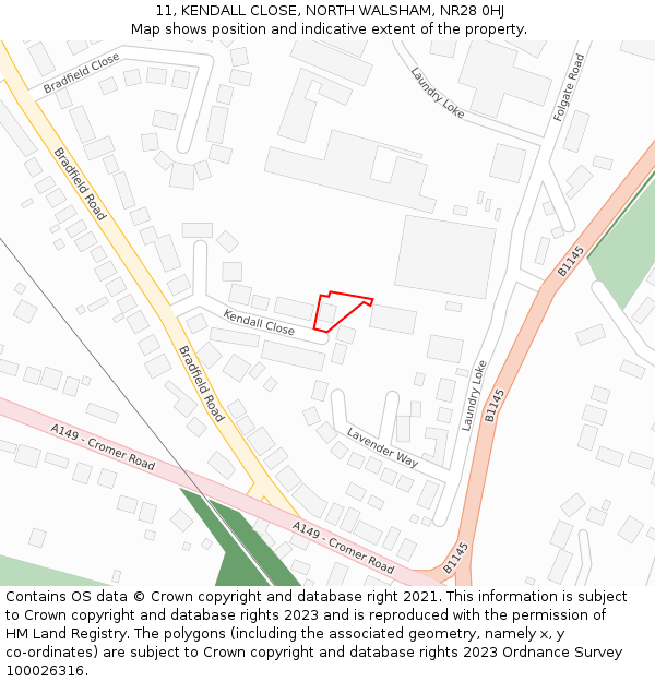 11, KENDALL CLOSE, NORTH WALSHAM, NR28 0HJ: Location map and indicative extent of plot