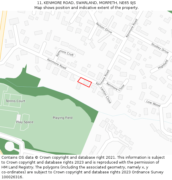 11, KENMORE ROAD, SWARLAND, MORPETH, NE65 9JS: Location map and indicative extent of plot