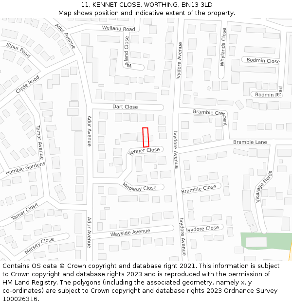 11, KENNET CLOSE, WORTHING, BN13 3LD: Location map and indicative extent of plot