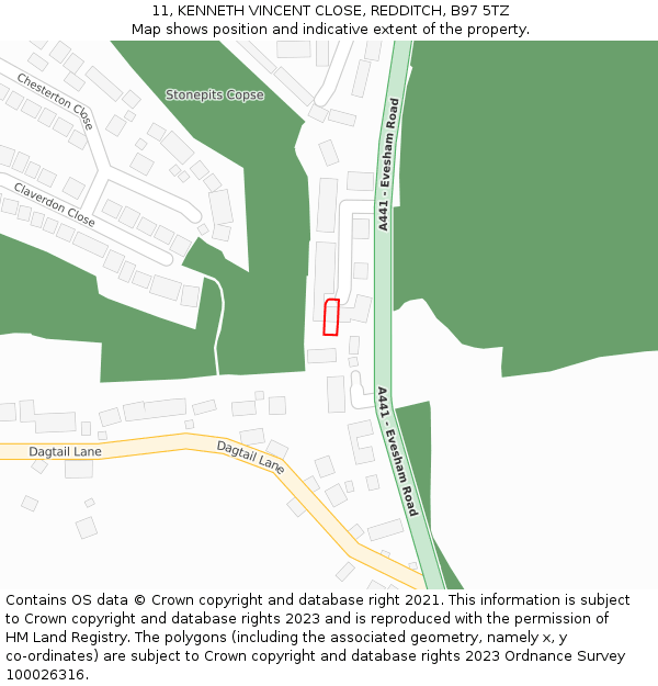 11, KENNETH VINCENT CLOSE, REDDITCH, B97 5TZ: Location map and indicative extent of plot