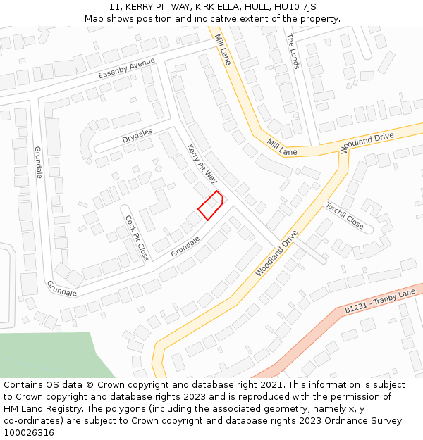 11, KERRY PIT WAY, KIRK ELLA, HULL, HU10 7JS: Location map and indicative extent of plot