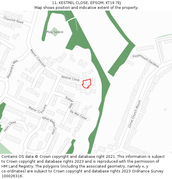 11, KESTREL CLOSE, EPSOM, KT19 7EJ: Location map and indicative extent of plot