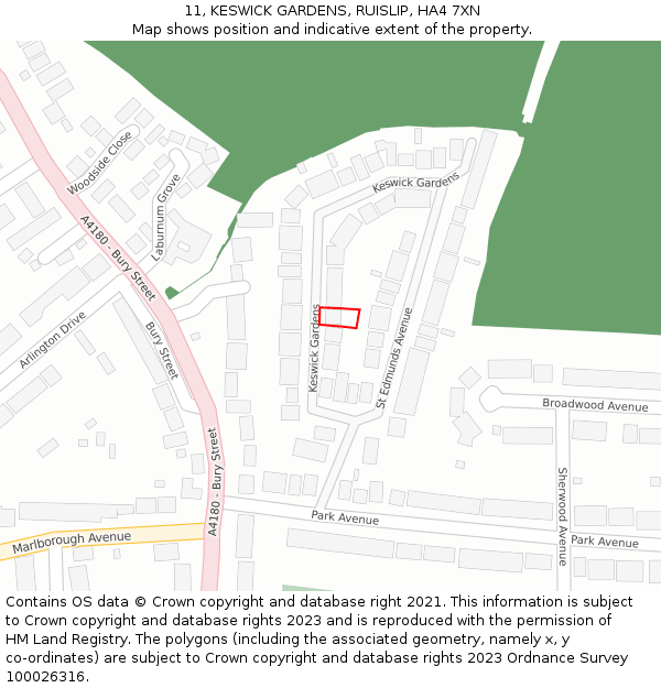 11, KESWICK GARDENS, RUISLIP, HA4 7XN: Location map and indicative extent of plot