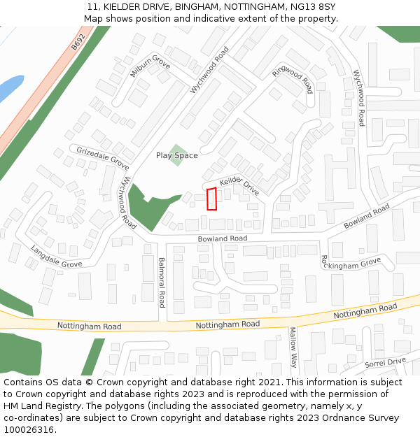 11, KIELDER DRIVE, BINGHAM, NOTTINGHAM, NG13 8SY: Location map and indicative extent of plot