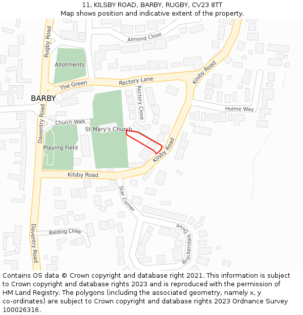 11, KILSBY ROAD, BARBY, RUGBY, CV23 8TT: Location map and indicative extent of plot