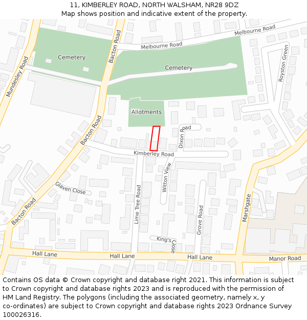 11, KIMBERLEY ROAD, NORTH WALSHAM, NR28 9DZ: Location map and indicative extent of plot