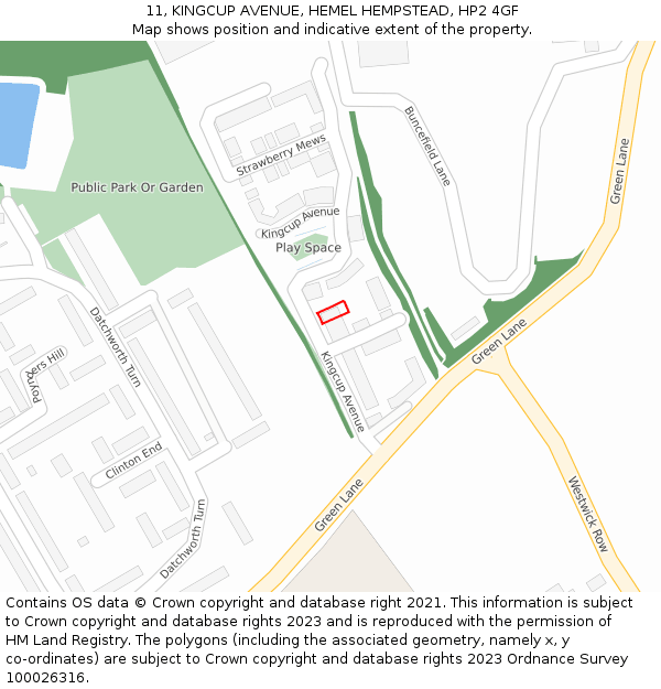 11, KINGCUP AVENUE, HEMEL HEMPSTEAD, HP2 4GF: Location map and indicative extent of plot