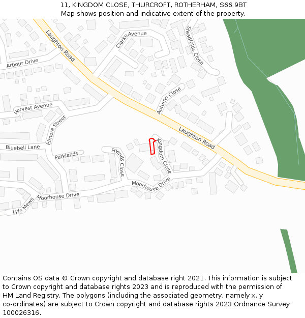 11, KINGDOM CLOSE, THURCROFT, ROTHERHAM, S66 9BT: Location map and indicative extent of plot