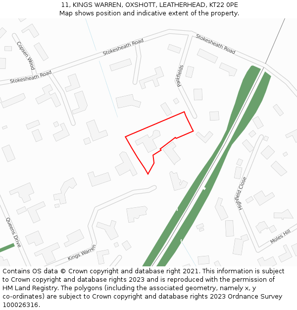 11, KINGS WARREN, OXSHOTT, LEATHERHEAD, KT22 0PE: Location map and indicative extent of plot