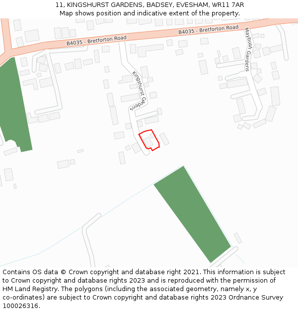 11, KINGSHURST GARDENS, BADSEY, EVESHAM, WR11 7AR: Location map and indicative extent of plot