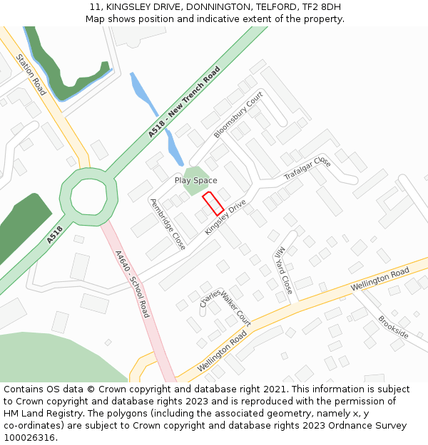 11, KINGSLEY DRIVE, DONNINGTON, TELFORD, TF2 8DH: Location map and indicative extent of plot